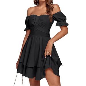 LYANER Women's Tie Back Off Shoulder Wrap Layer Ruffle A Line Short Sleeve Casual Mini Dress Solid Black, Small