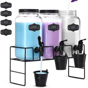 Liquid Laundry Detergent Dispenser, Three 2.2L Laundry Detergent Dispenser Glass Jar for Liquid Detergent, Fabric Softener- Laundry Soap Dispenser for Laundry Room Organization