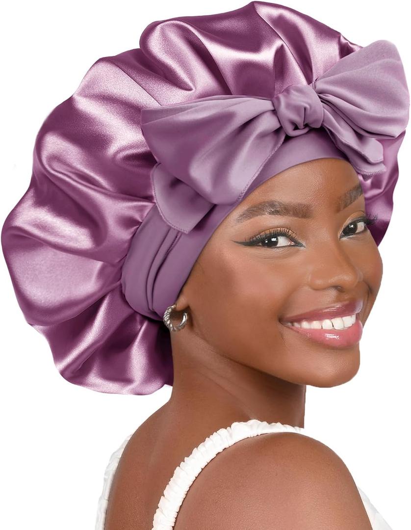 YANIBEST Silk Bonnet for Sleeping Women Adjustable Double Layer Satin Bonnet Reduce Friction Prevent Frizz Natural Curly Hair (Large, Purple)