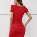 Missufe Women's Short Sleeve V Neck Ruched Bodycon Summer Casual Short T Shirt Dress (Red, M)