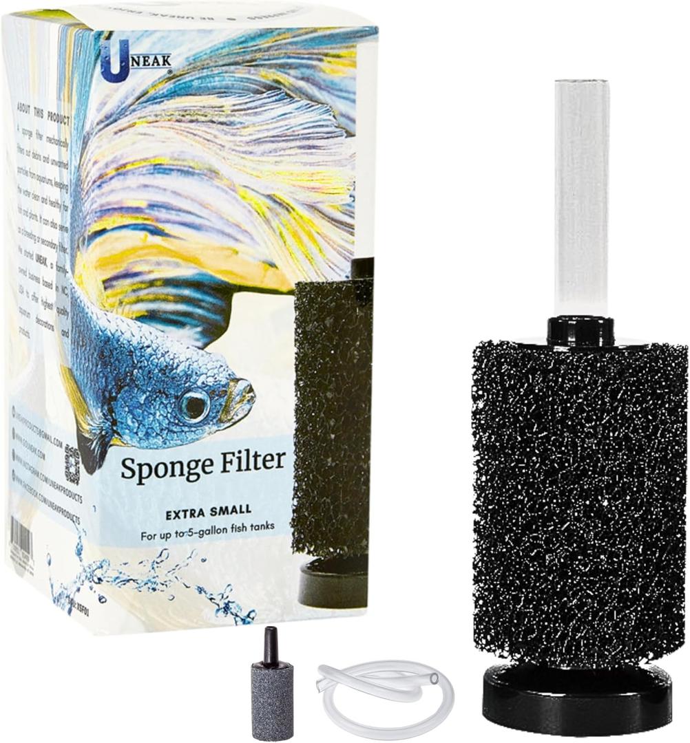 UNEAK Extra Small Aquarium Sponge Filter Fish Tank Silent Filteration Breeding Fry Betta Shrimp Nano Tank Accessories Air Stone 4-inch Airline Tubing up to 5 Gallon