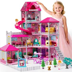 JUKUDAHU Villa Playset for Girls Ages 3-7, 4-Storey House with 10 Rooms, 2 Dolls, Furniture and Accessories, Indoor Playset Girls Toys for Ages 6-8, Pretend Toddler Toys, Birthday Gifts for Kids 4-8