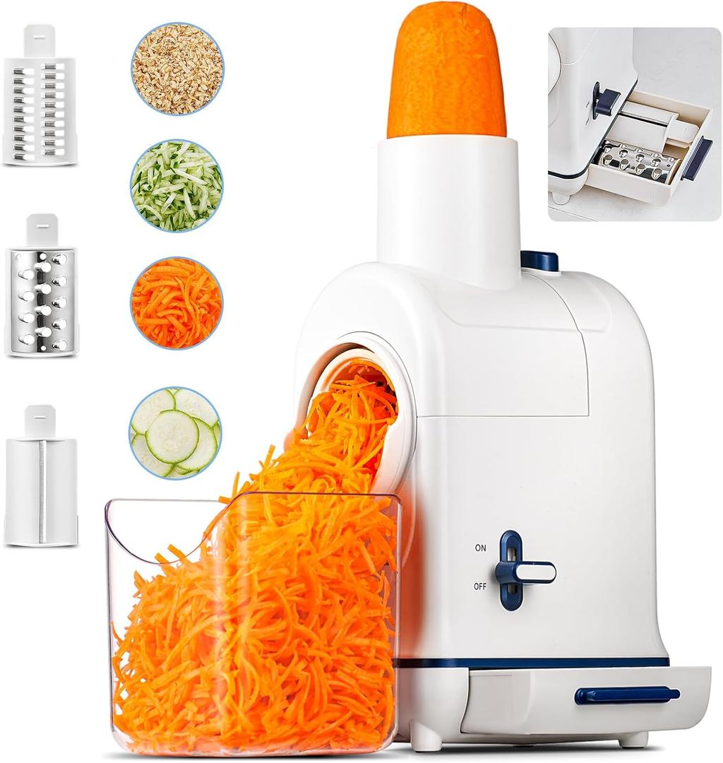 Electric Cheese Grater, Aobosi Electric Shredder Slicer Salad Grater Maker w/Large Chute for Whole Carrot,Vegetable,Potato, 3 Blades & Quiet Motor, Food Container,Built-in Storage