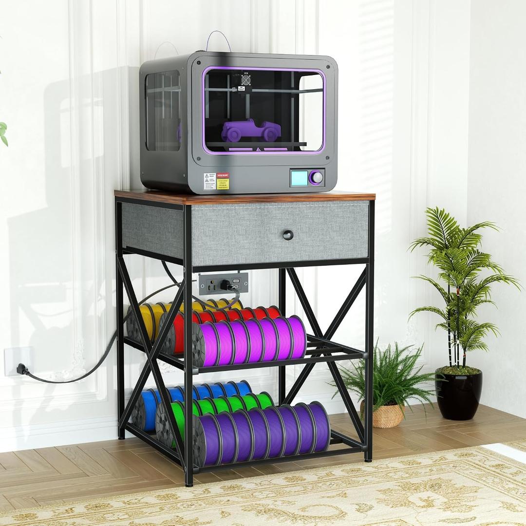 DALEMHOME 3D Printer Stand with Storage, 3D Printer Table with Power Outlet, Sturdy Metal Frame Workstation with Fabric Drawer for 3D Printing, Rustic Brown, 23.6" L x 23.6" W x 31.5" H