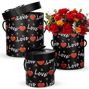 Hollyone Valentine Gift Box for Women Men with Lids Set of 3 Round Nesting Gift Boxes Cylinder for Presents 3 Assorted Size Flowers Arrangements Boxes for Giving Valentine Gifts Present Wrapping Black (Black and White)