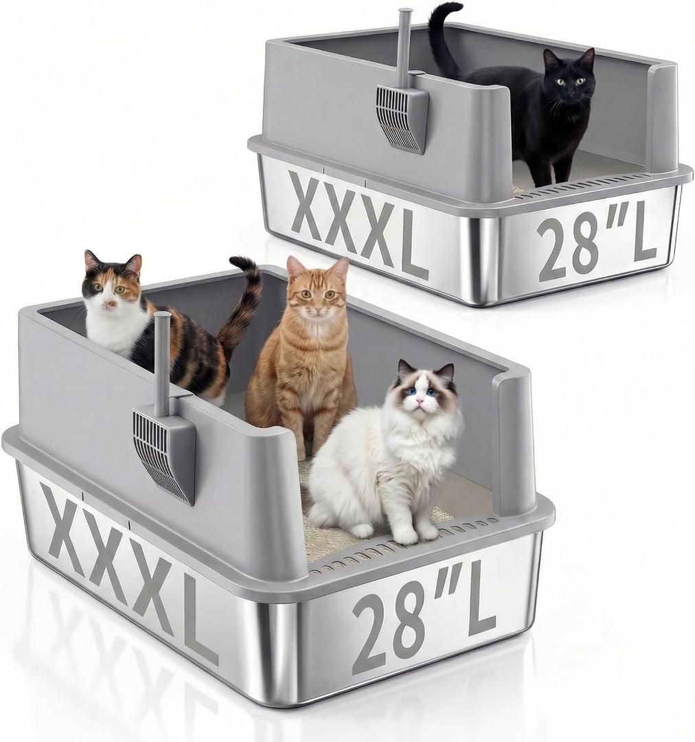 Jotesnew 2 Pack 28" Extra Large XXXL Stainless Steel Cat Litter Boxes with Lid Metal Cat Litterbox Pan for Big Cats and Multiple Cats, Anti-Leakage, Easy Cleaning, Include Scoop