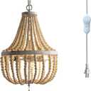 3-Light Mini Wood Beaded Bohemian Plug in Chandelier Dimmable and Timer Pendant Light Fixture with 16.4ft Swag Cord,Antique Metal Finish Natural Color Beads,Dining Room,Living Room,Foyer,Bedroom (White distressed)
