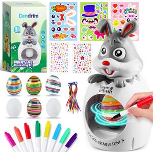 Dendrim Easter Egg Decorating Kit for Kids, 32Pcs Cute Bunny Egg Decorator Rotator Gifts Crafts with Coloring Markers Fake Eggs Strings Make A Face Stickers for Party Supplies, Birthday, Egg Hunt Game