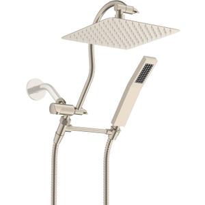 Hibbent All Metal Shower Head, 10'' High Pressure Rainfall Shower Head, Showerhead Combo, Handheld Shower Wand, 12'' Adjustable Curved Extension Arm, 71'' Hose, Shower Head Holder, Brushed Nickel