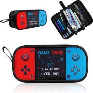 Large Game Controller Pencil Case for Teen Boy Kid Capacity Pen Box Pouch Organizer Holder Bag with 3 Compartments & Zipper School College Office Supplies(1PCS Pencil Case) (Red&Blue)