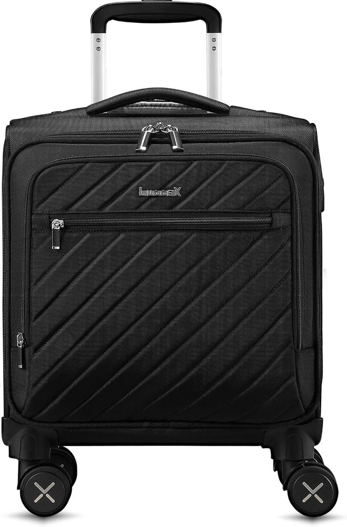 LUGGEX Carry On Luggage with Spinner Wheels - Stylish Lightweight UnderSeat Luggage - Soft Sided Small Suitcase with Front Open Design for Travel, Business (Black, 15 Inch)