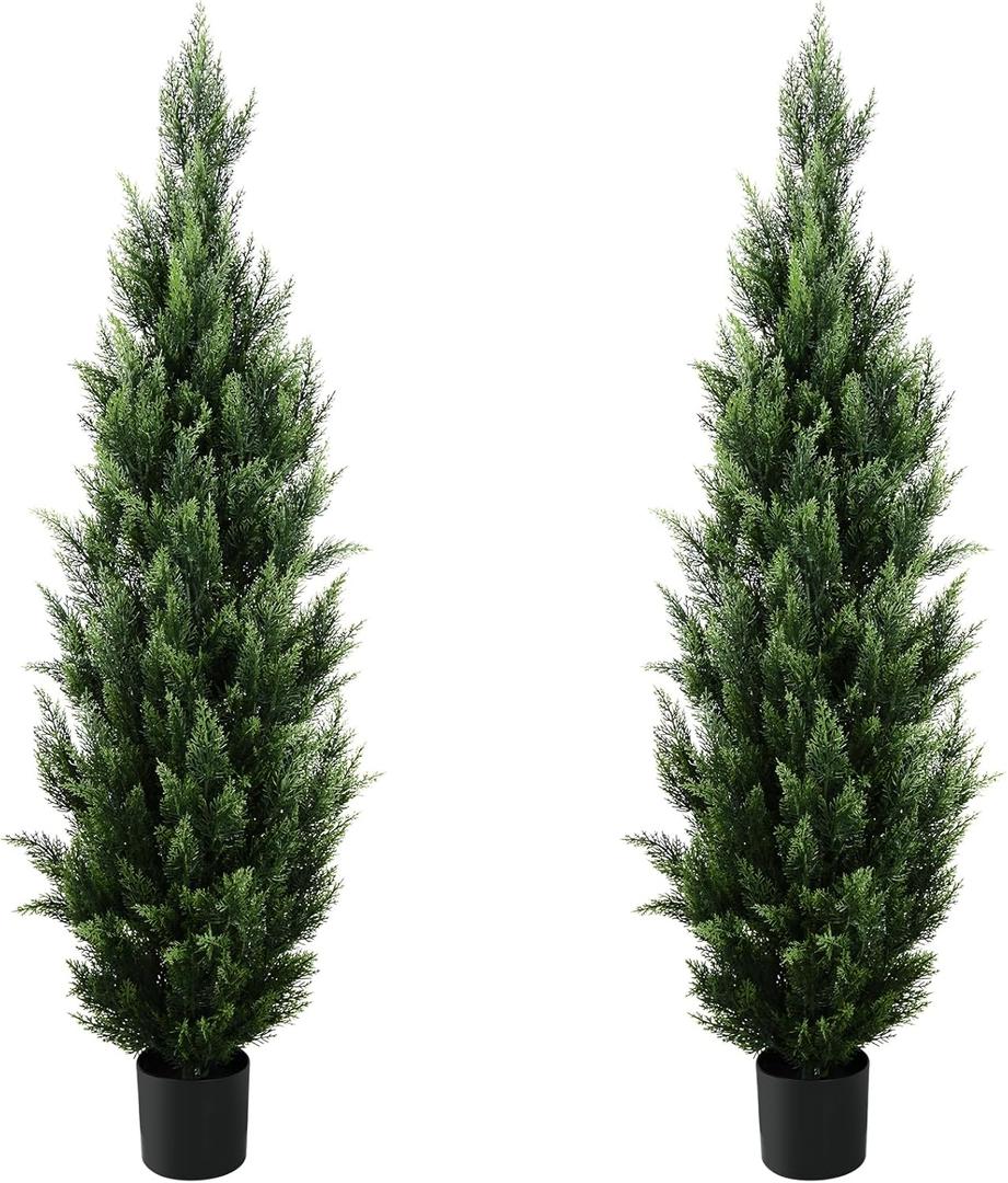 5FT Artificial Topiary Tree Beautiful Realistic Faux Cedar Pines Christmas Trees UV Rated Fake Shrubs for Front Porch Faux Plants Indoor and Outdoor Decor (2 Pack)