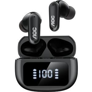 AOC Noise Cancelling Wireless Earbuds, 39dB ANC, 45H, LED Display, Black | in Ear Bluetooth 5.4 Headphones with 6 ENC Mic, Transparency Mode, Deep Bass Sound, 36 EQs via App, Fit for Sports, Commuting