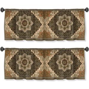 Boho Carpet Curtain Valance for Windows 2 Pack, Brown Mandala Floral Rod Pocket Window Treatments Short Curtains for Kitchen Windows Bathroom Bedroom 54x18 Inch