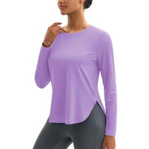 MAGCOMSEN Women's Sun Shirts UPF 80+ Long Sleeve Quick Dry Workout Tops | Moisture-wicking, Sun Protection, UV Protection, High Side Splits, Soft, Lightweight, Athletic, Running, Hiking, Yoga, Golf (Purple, L)