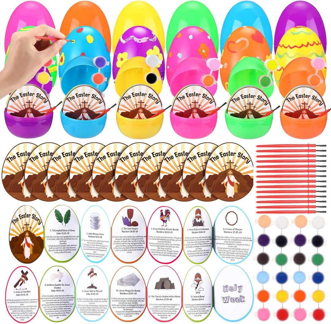 24 Set Resurrection Easter Story Eggs with Religious Easter Story Cards for Kids Christian DIY Coloring Craft Painting Kit for Basket Stuffers Holy Week Sunday School Party Favors