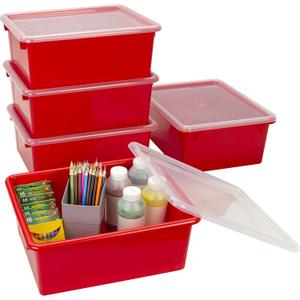 Storex Letter Size Deep Storage Tray – Organizer Bin with Non-Snap Lid for Classroom, Office and Home, Red, 5-Pack (62545A05C)