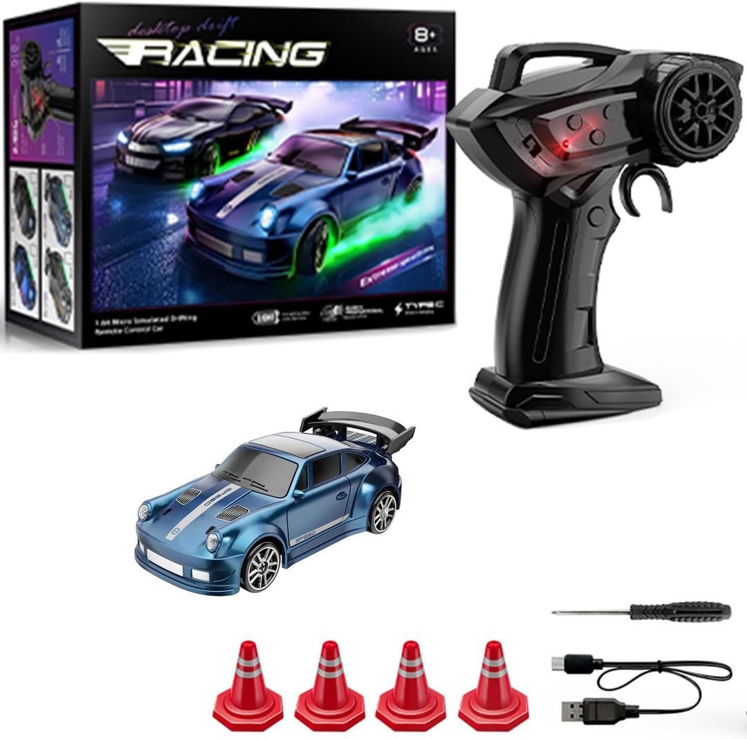 1:64 Scale Mini RC Drift Car with Gyro Full Proportional RTR 2.4Ghz Remote Control with RGB Lights (Blue)