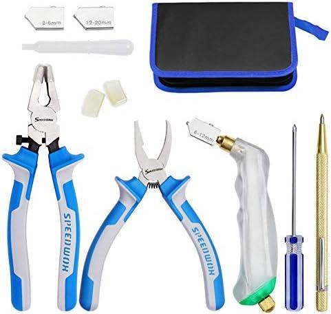 SPEEDWOX Heavy Duty Glass Running Pliers Breaker Grozer Pliers Set 12PCS Glass Cutting Tool Kit Oil Feed Glass Cutter with 3 Size Cutter Head Oil Dropper Screwdriver Engraved Pen Leather Zipper Bag
