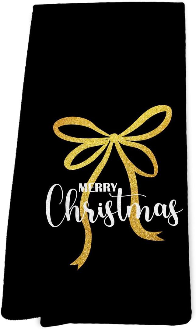 Black and Gold Christmas Kitchen Towels, Gold Bow Decorative Hand Towels for Bathroom, Merry Christmas Dish Towel for Kitchen, 16x24 Inch
