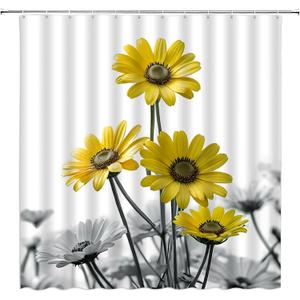Yellow Flower Shower Curtain Rustic Floral Daisy Farmhouse Country Gray Leaves Nature Plant Modern Vintage Fabric Bathroom Decor Set with Hooks,(36" Wx70 H)
