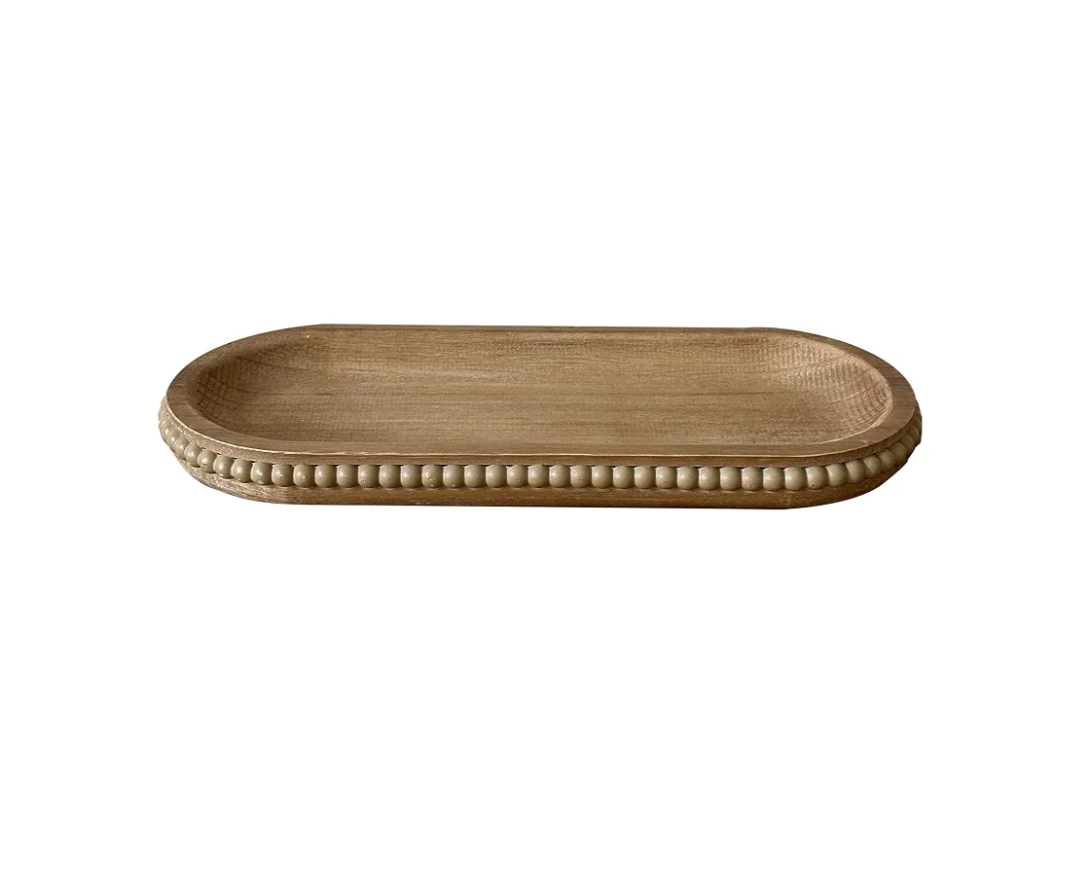 Wooden Farmhouse Decorative Tray, 12in Rustic Beaded Tray for Living Room Decor, Kitchen Table Décor, Oval Coffee Table Serving Tray (Natural)