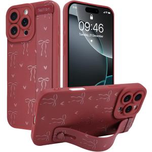 TEAUGHT for iPhone 16 Pro Max Case with Wrist Strap Holder, Cute Bows Hearts Design with Finger Hand Strap Wristband Stand, Soft TPU Shockproof Protective Cover for Women Girls - Wine Red