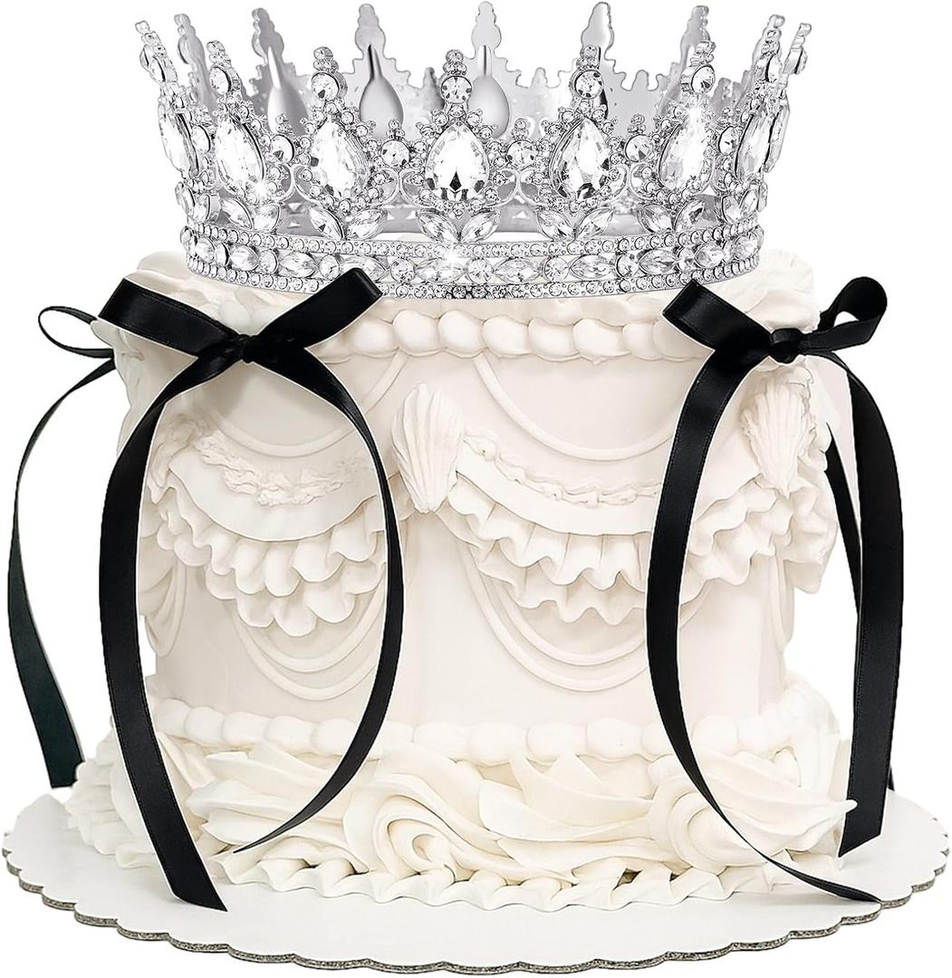 Landical 8 Pcs Queen Crown Cake Topper Corona Para Pastel Princess Cake Decorations Princess Crown Happy Birthday Topper Bow Tie for Birthday Party Wedding Supplies(Silver and Black)