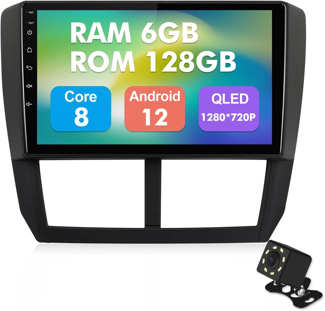 6+128G Android 12 Double Din 8 Core Car Stereo for Subaru Forester 2008-2012 Impreza 2008-2011 with 9 Inch Touchscreen Radio Built-in Wireless Carplay/Android Auto/GPS/Bluetooth/FM/SWC