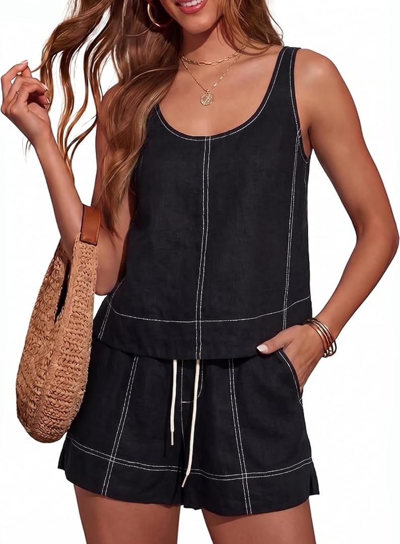 Tanming Womens 2 Piece Outfits Contrast Stitching Matching Sets A Line Tank Tops High Waist Shorts with Pockets (Black), Large
