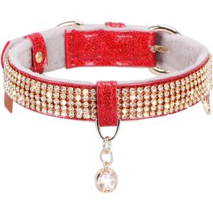 PetsHome Cat Collar, Dog Collar, [Bling Rhinestones] Premium PU Leather with Pendant Adjustable Collars for Small to Medium Dog Medium Red (Medium (Pack of 1))