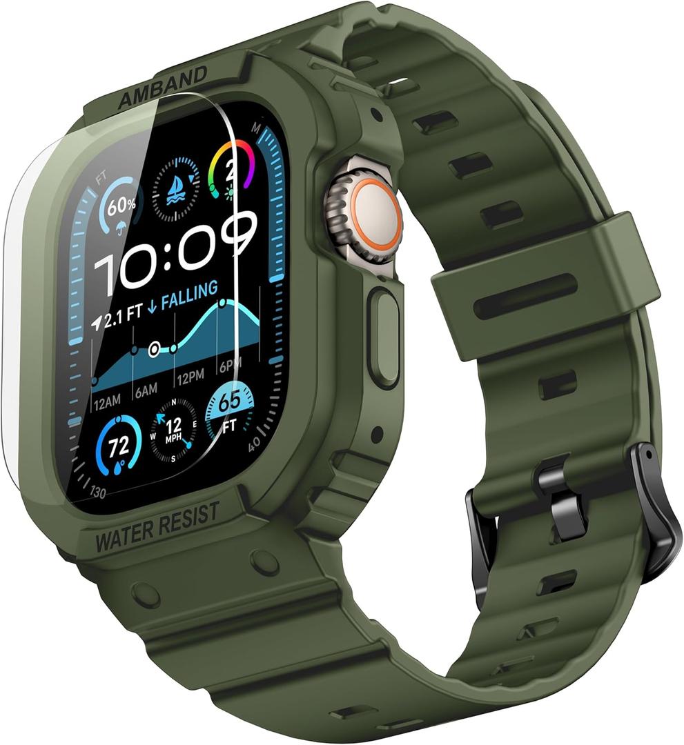 amBand E1 Rugged Band & Case for Apple Watch  Compatible with Series 111, SE3/SE2/SE  and Ultra 3/2/1, Lightweight Shockproof Design (Grayish Green)