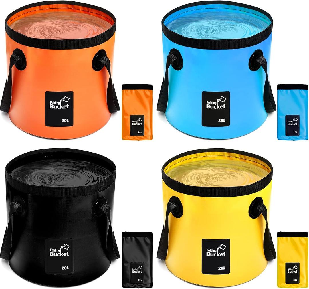 Tessco for you 4 Pcs 20L Collapsible Bucket with Handle 5 Gallon Portable Folding Bucket Foldable Water Container for Camping Hiking Fishing Beach Car Washing (Blue, Yellow, Orange, Black)