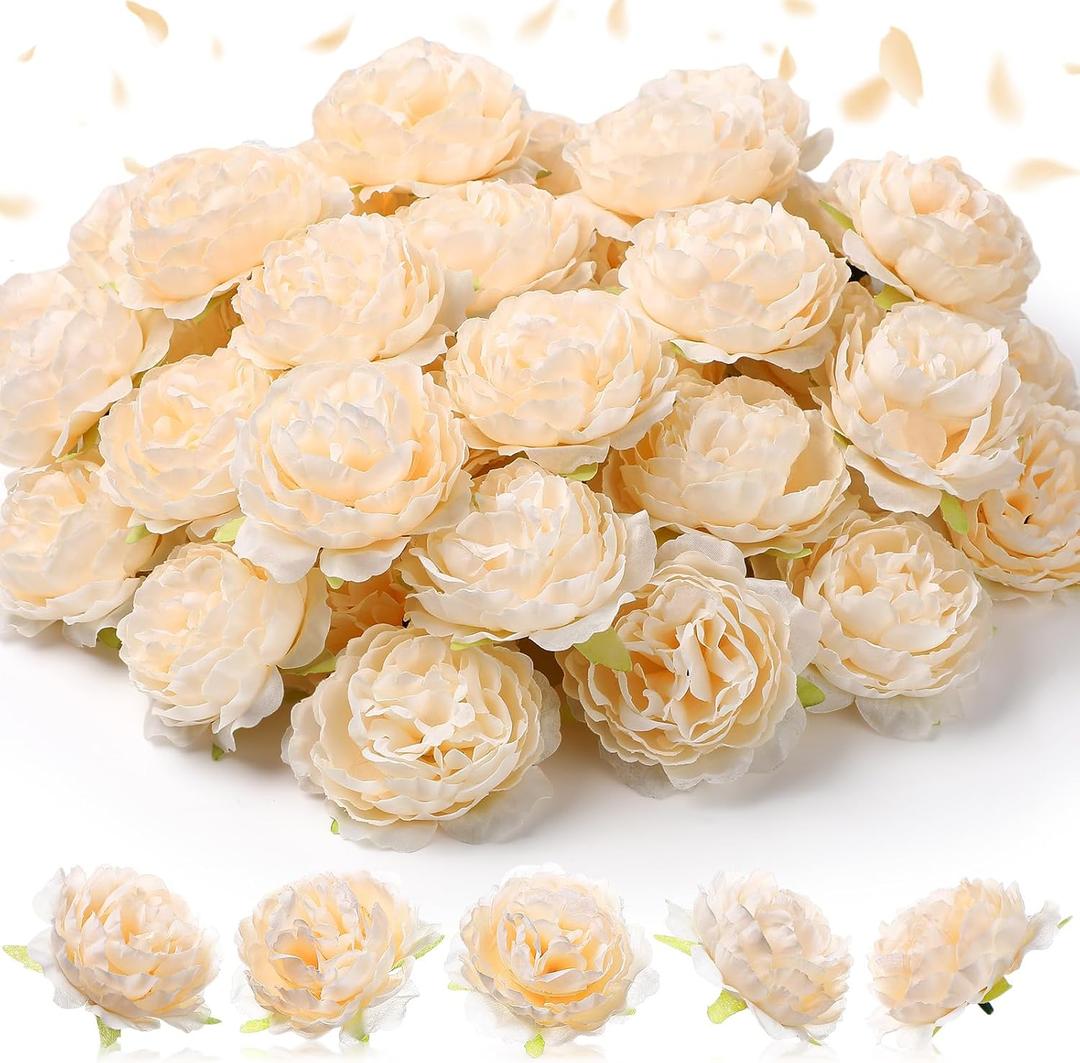 Thiccywoov 50 Pcs Artificial Flowers, 3.2 Inches Silk Rose Head Flowers Fake No Stem for Wedding Bridal Bouquet Home Floral Decor DIY Centerpieces Arrangements Party Tables Decoration(Champagne)