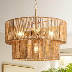4-Light Boho Rattan Chandelier, 17.8" Rattan Pendant Light with 2-Tier Hand-Woven Shade, Farmhouse Hanging Ceiling Light Fixture for Dining Room, Living Room, Kitchen Island, Foyer