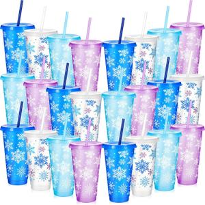 Chuangdi 24 Set Snowflakes Plastic Cup Bulk Christmas Cups with Lids Straws 24 oz Christmas Reusable Party Cup Coffee for Hot Cold Beverage Drinking Party Winter Birthday Supplies (Mixed Color)
