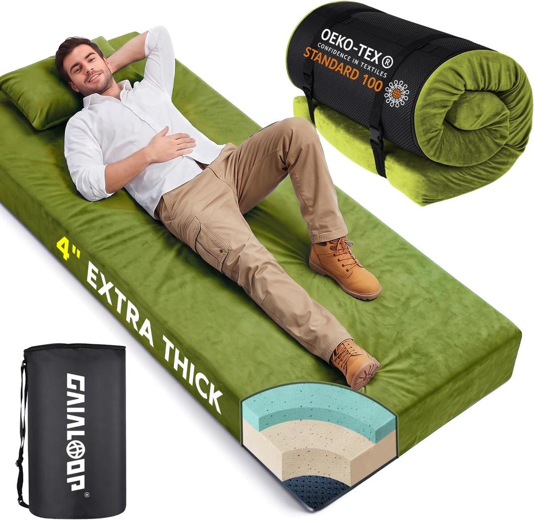 4 Inch GAIALOOP Thick Memory Foam Camping Mattress, Roll Up Floor Sleeping Mat Camp Cot Mattress Pad Travel Camping Couch Bed for Guest Adults Side Sleepers [Twin:75 * 38 * 4"]
