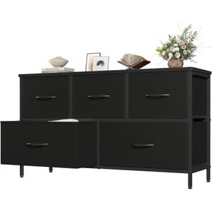 OLIXIS 5 Drawer Black Dresser for Bedroom, Closet Chest Organizer Furniture | TV Stand for Living Room Hallway, Wide Fabric Storage Tower with Wooden Top and Metal Frame, 39.4"D x 11.8"W x 20.9"H