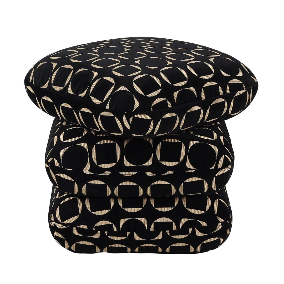 Get Set Style Ottoman, 360° Swivel Vanity Chair, Modern Geometric Ottoman, Foot Stool, Accent Vanity Stool, Lounge Footrest for Small Space, Living Room, Bedroom, or Entryway (Black Jacquard)