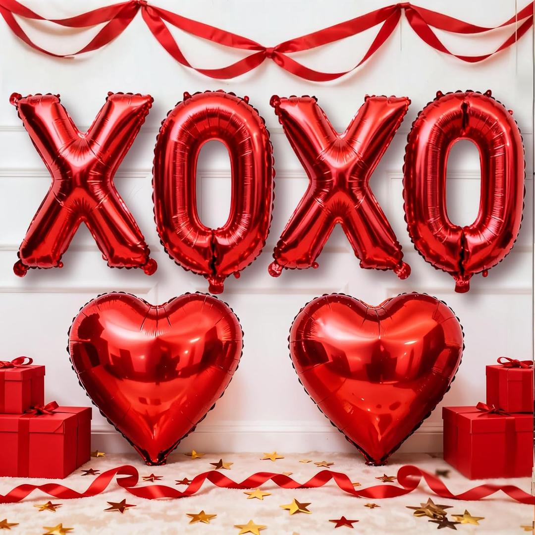 Red XOXO Heart Balloons 6 Pcs Valentines Day Balloons Red Heart Shaped Balloon XOXO Foil Balloon Letters for Girls Women Anniversary Sweet Valentine Day Romantic Decorations Special Night Party