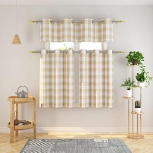 3 Pc Cotton Classic Country Farmhouse Kitchen Window Curtain Grommet Top -Beige & White Buffalo Check Tier & Valance Set, 54" x 18" / 32" x 30"