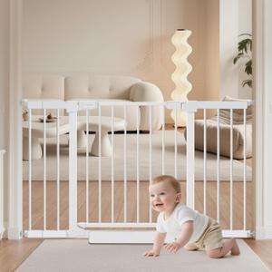Baby Gate for Stairs,29.5"-48.4" Pressure-Mounted No Drilling Pet Gates for Doorways & Hallways,Auto Dog Close Gate with Walk Thru Door,No-Trip Design, Metal Design for Kids and Pets