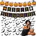 3D Black Bat Wall & Window Stickers 60PCS (4 Sizes) with Banner & Pumpkin Faces, Halloween Decoration Kit, Reusable DIY Party Decor for Home, School, Office