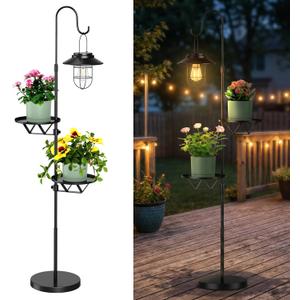 60.62'' Shepherd's Hook Stand Plant with Solar Lantern, Outdoor Floor Lamp, Wind Chime Hanger Stand, Waterproof Metal Adjustable Height Standing Pole Holder & Light for Patio Decor (2 Placement Racks)