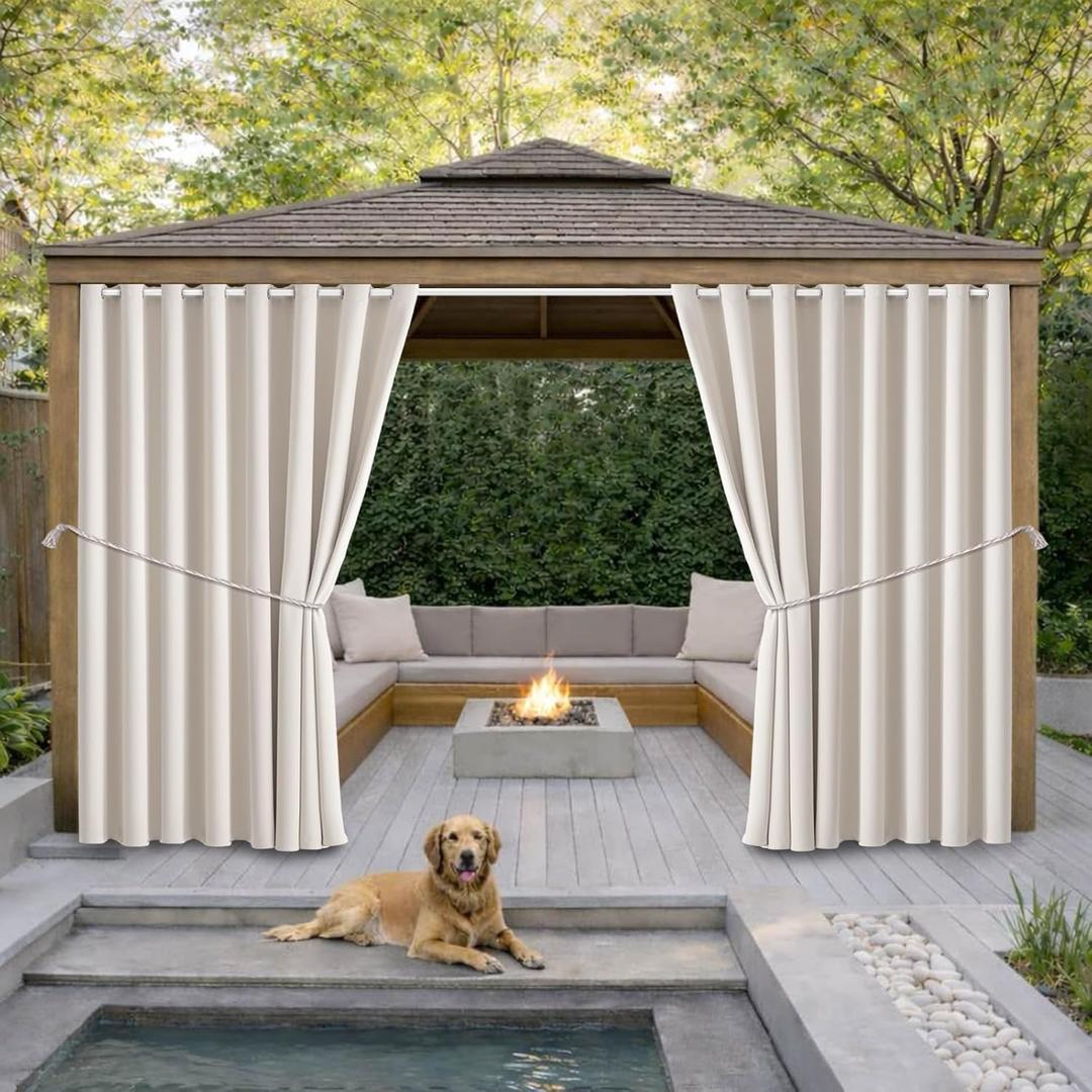 Outdoor Patio Curtain Waterproof Darkening Thermal Insulated Indoor Curtains for Bedroom, Porch, Living Room, Pergola, Cabana, W105 x L120 Extra Wide Room Divider, Cream, Set of 2 Panels