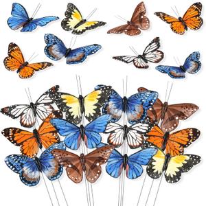 Butterfly Floral Picks Flower Arrangements Decoration 3D Artificial Feather Butterflies for Crafts Monarch Butterfly Decorations Fake Butterflies on Picks Bouquets for Garden Stakes Wall Decor