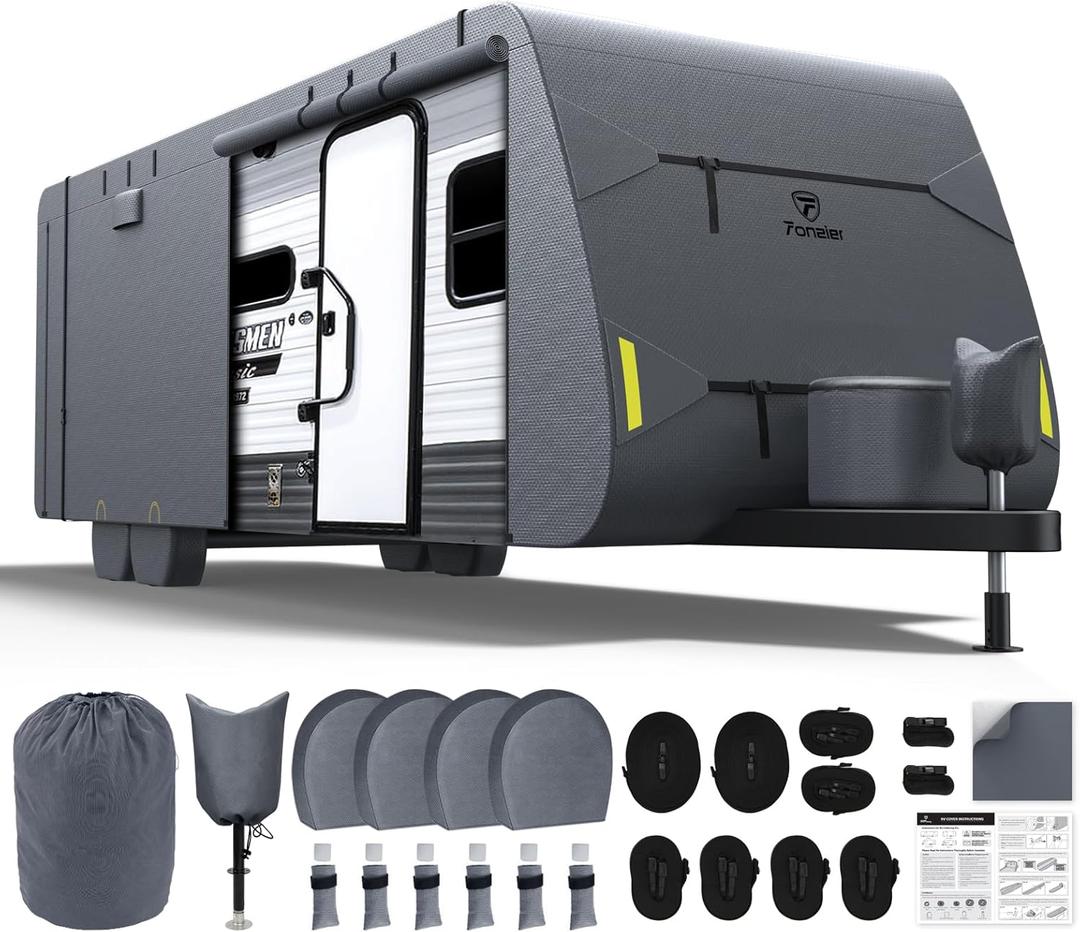 RV Cover 20-22ft: Extra Thick 7 Layers Travel Trailer Cover with 4 Tire Covers, Waterproof Camper Cover, Extra Windproof Ropes, Gutter Cover, Rip-Stop Anti-UV