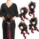 Ling's moment Artificial Flowers Gothic Bridesmaid Bouquet Set of 4, Burgundy and Black Wedding Flowers Bouquets for Bridesmaids 7 Inch Bridal Bouquets for Bridesmaids, Wedding, Ceremony, Anniversary