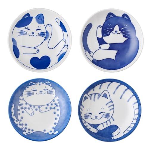 VanEnjoy Small Cute Ceramic Dishware Sets, Kawaii Cat Plates, Blue Shushi Plate Set Of 4, Japanese Plates, Dessert Plates Ceramic