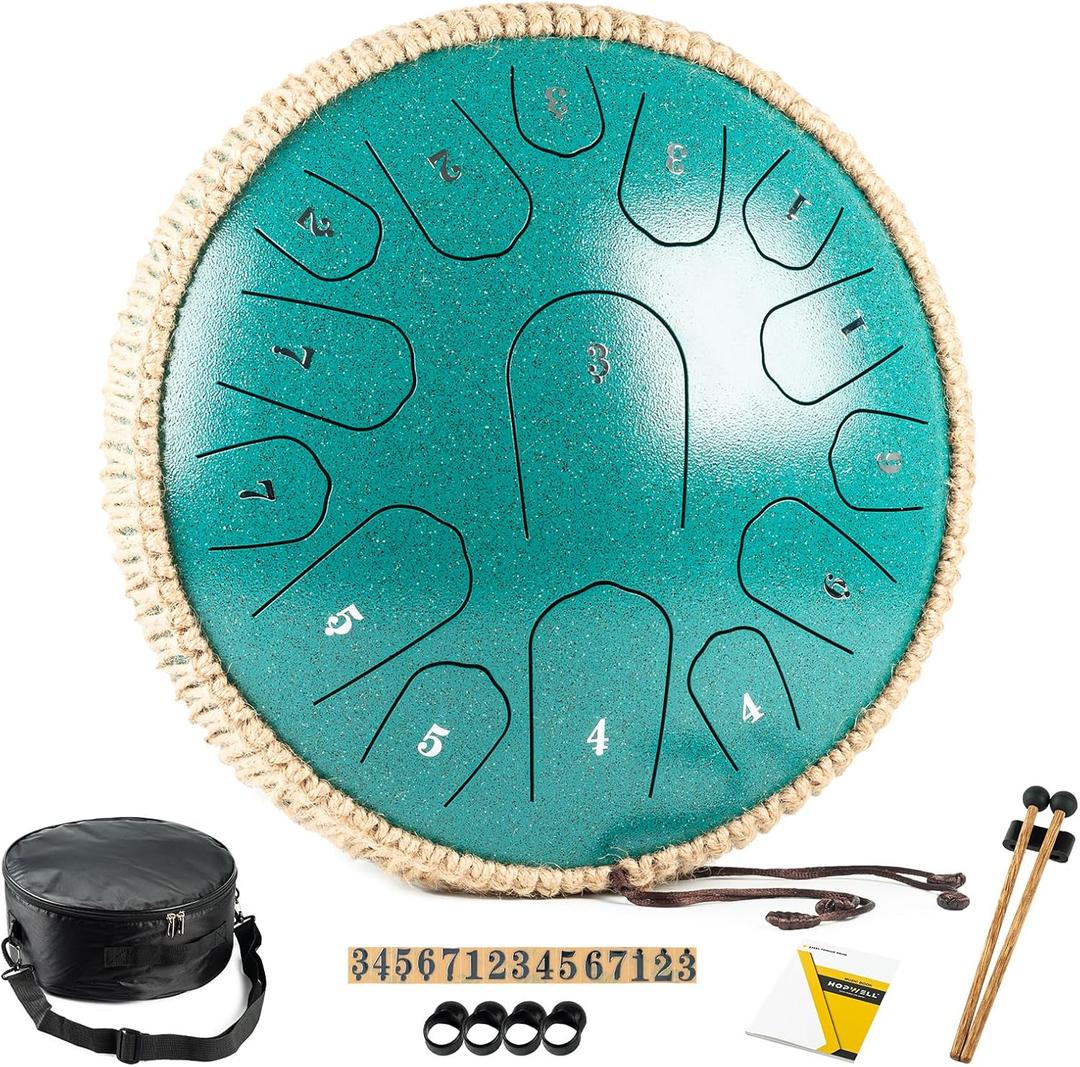 HOPWELL Steel Tongue Drum - 13 Inches 15 Notes Tongue Drum - Hand Pan Drum with Music Book, Handpan Drums Mallets and Carry Bag, D Major (Malachite Green)